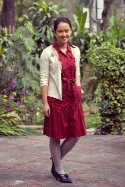 red dress white cardigan green shoes by 14 shades of grey