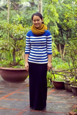 blue striped sweater mustard scarf black maxi skirt by 14 shades of grey