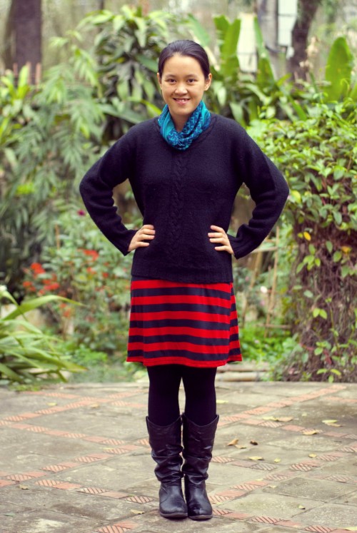 red striped skirt black sweater teal scarf by 14 shades of grey