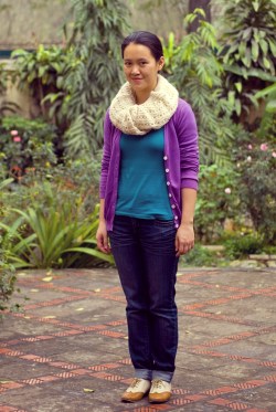 teal shirt purple cardigan white wool circle scarf by 14 shades of grey