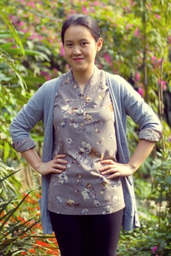 floral blouse grey cardigan by 14 shades of grey