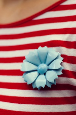 red striped shirt blue flower brooch by 14 shades of grey