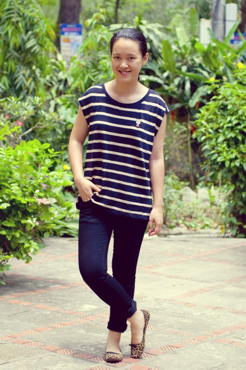 striped shirt black jeans leopard print flats by 14 shades of grey