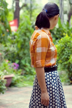 orange plaid shirt blue polka dot skirt by 14 shades of grey