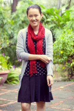 polka dot shirt black skirt grey cardigan red scarf by 14 shades of grey