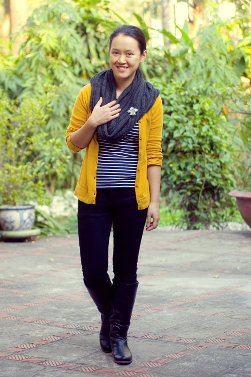striped shirt mustard cardigan black jeans by 14 shades of grey