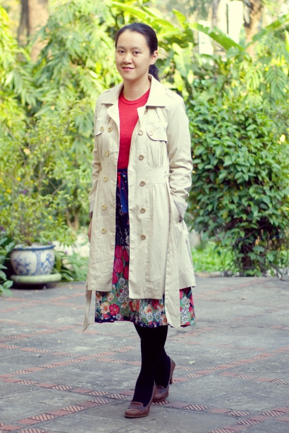 floral skirt trench coat heeled loafers by 14 shades of grey