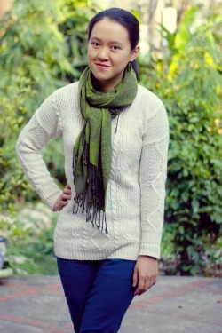 cable knit sweater green scarf teal jeans by 14 shades of grey
