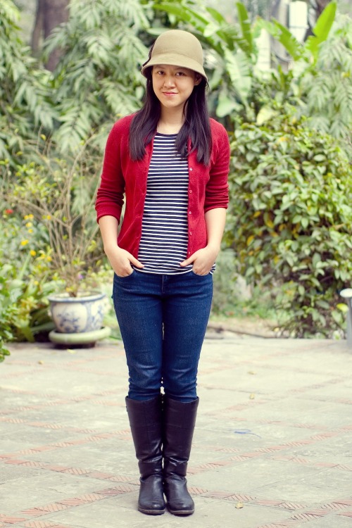 striped shirt red cardigan black boots felt cloche by 14 shades of grey
