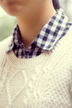gingham shirt white cable knit sweater by 14 shades of grey