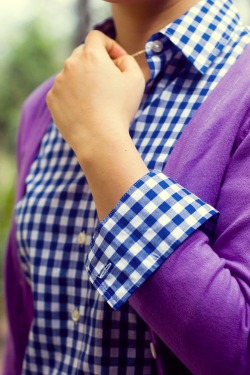 blue gingham shirt purple cardigan by 14 shades of grey
