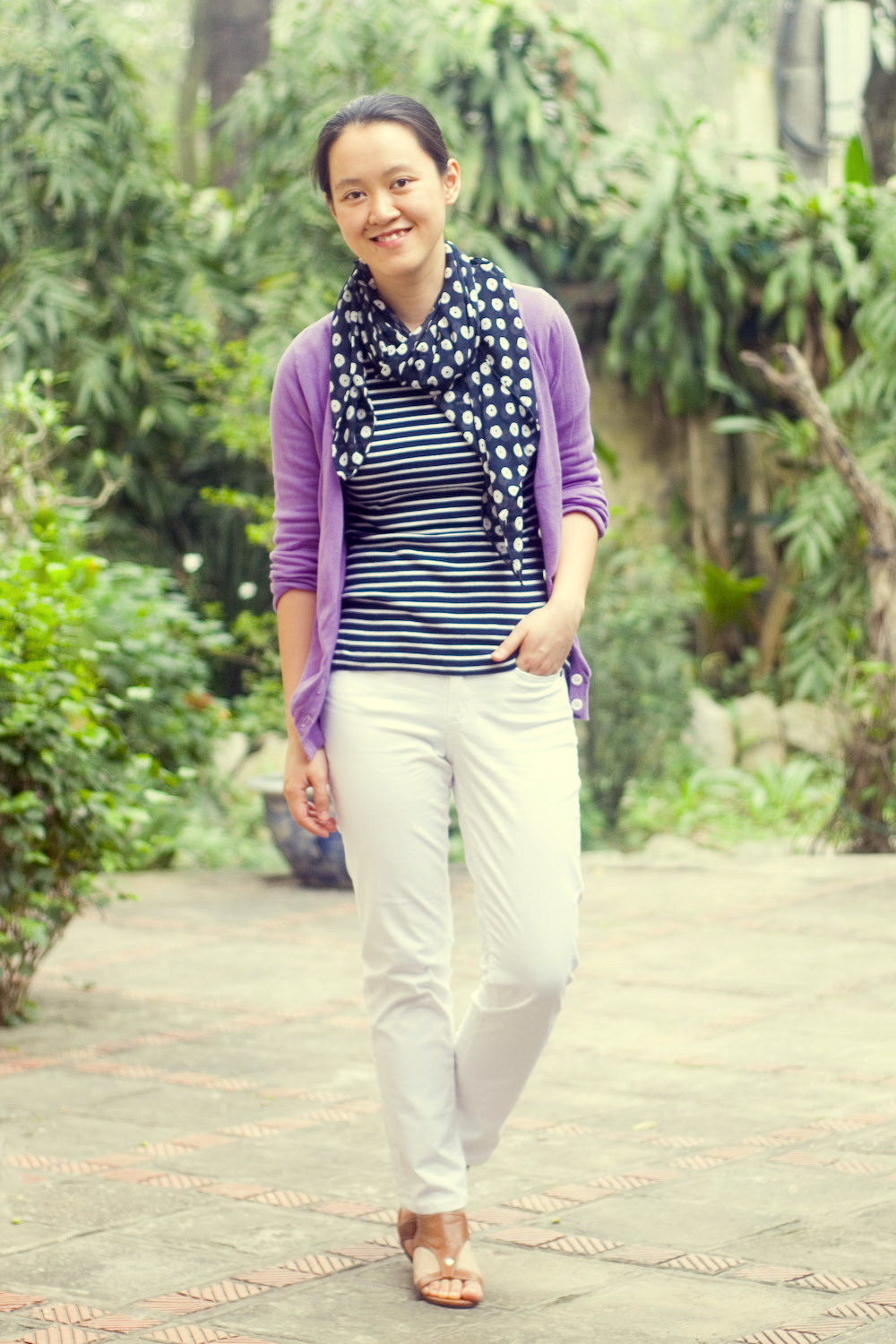 purple cardigan blue striped top polka dot scarf white jeans by 14 shades of grey