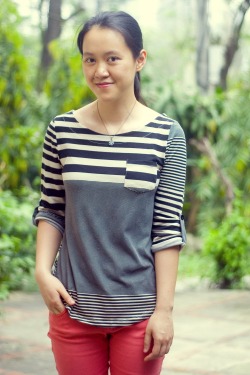 black striped shirt coral jeans by 14 shades of grey