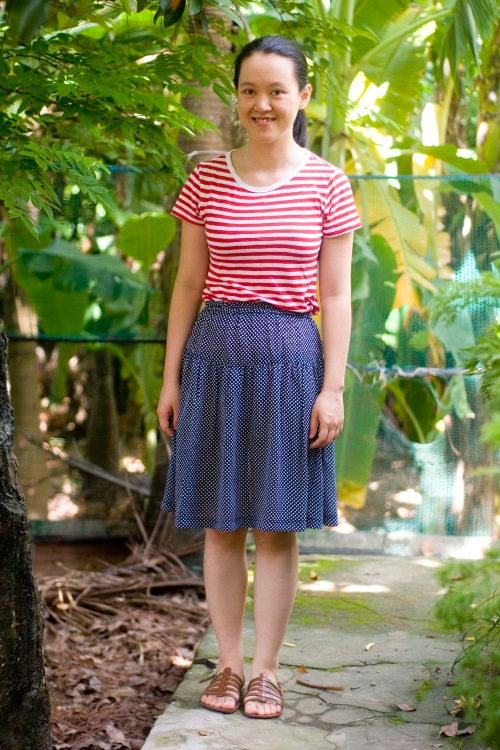 red striped shirt blue polka dot skirt brown sandals by 14 shades of grey