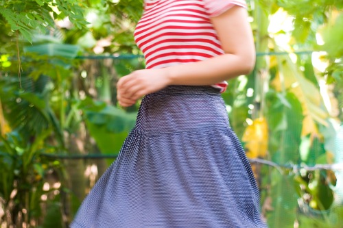 red striped shirt blue polka dot skirt by 14 shades of grey