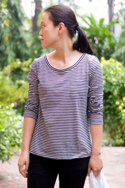 black striped top black jeans by 14 shades of grey