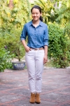 polka dot chambray shirt white jeans brown booties by 14 shades of grey
