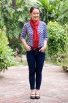 navy ikat shirt blue jeans red scarf black heels by 14 shades of grey