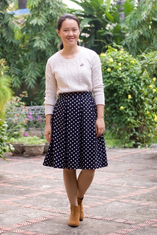 white cableknit sweater polka dot skirt brown booties by 14 shades of grey