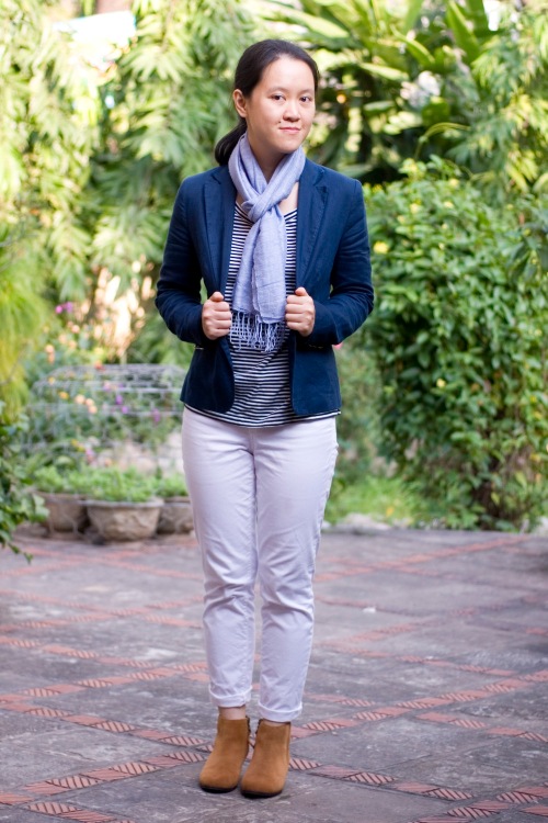 striped shirt white jeans navy blazer brown booties by 14 shades of grey