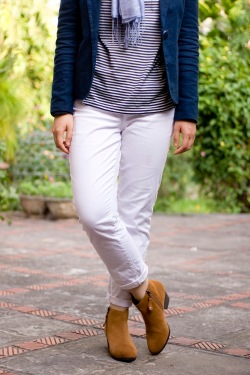 striped shirt white jeans navy blazer brown booties by 14 shades of grey