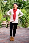white sweater polka dot pants red scarf brown booties by 14 shades of grey