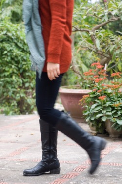 orange sweater green blanket scarf black jeans black boots by 14 shades of grey