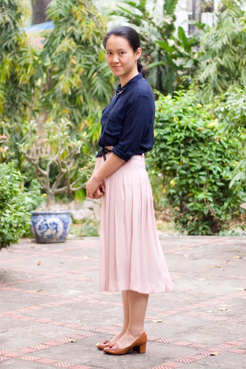 navy shirt pink skirt brown heels by 14 shades of grey