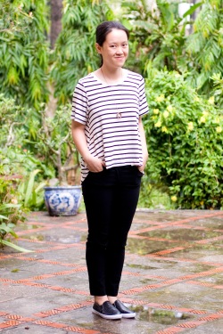 white striped shirt black pants black slip-ons by 14 shades of grey