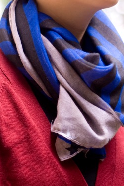 maroon cardigan blue scarf by 14 shades of grey