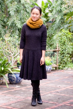black wool dress mustard scarf black boots by 14 shades of grey