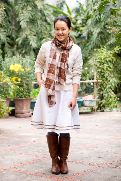 white sweater white skirt plaid scarf brown boots by 14 shades of grey