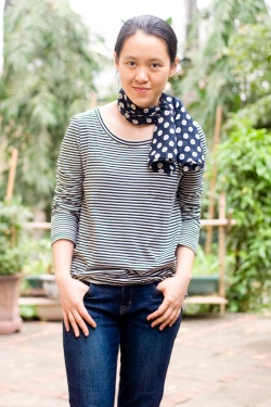 striped top polka dot scarf blue jeans by 14 shades of grey
