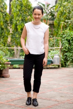 white eyelet top black pants black oxfords by 14 shades of grey