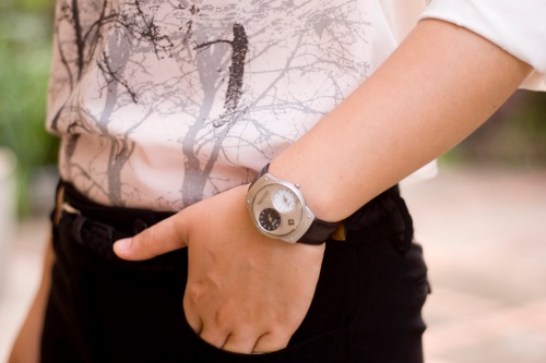 white printed blouse black pants watch by 14 shades of grey