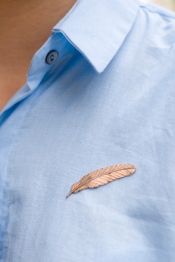 blue shirt feather pin by 14 shades of grey